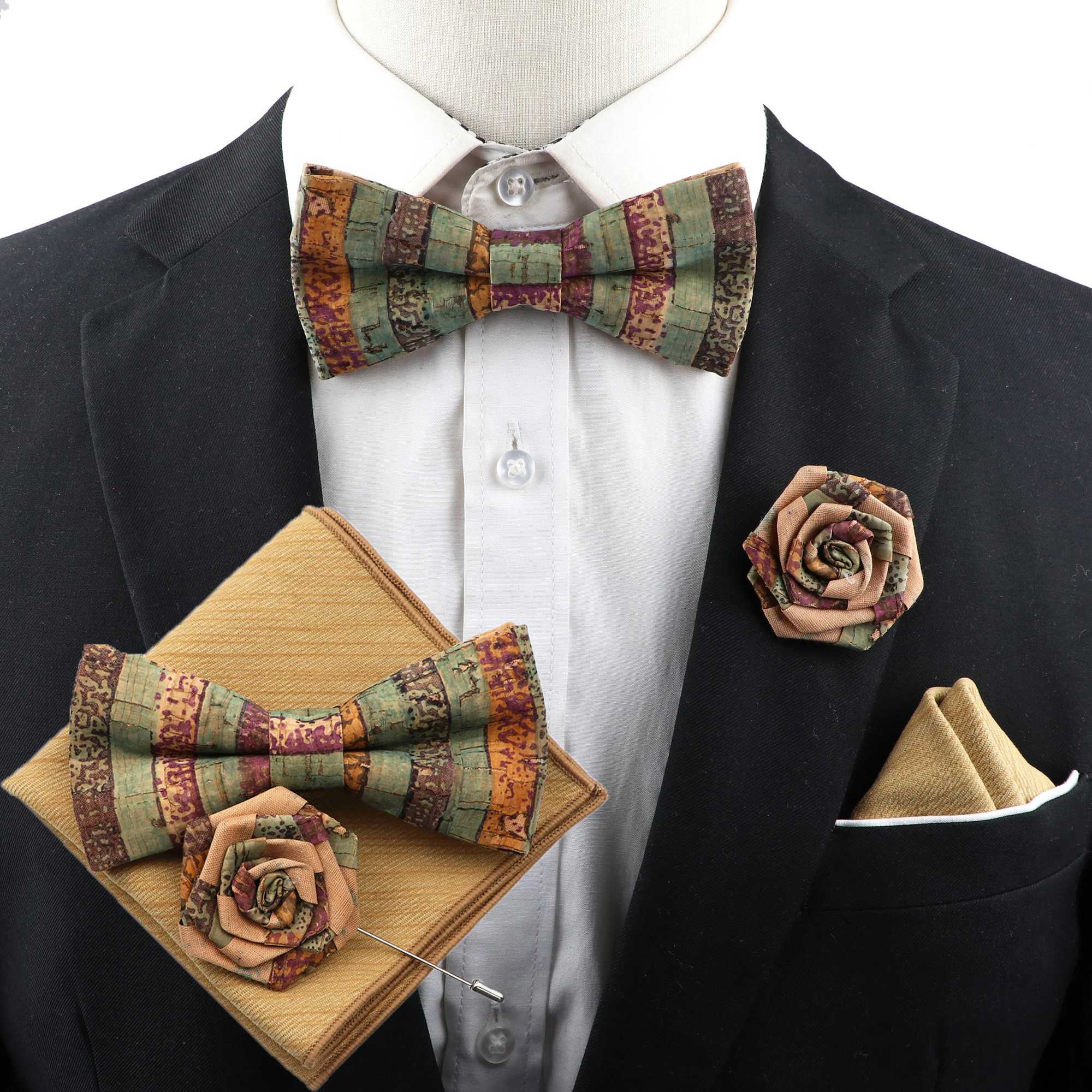 New Cork Wood Bow Tie Set Mens Novelty Handmade Floral Solid Color Bowtie Brooch For Groom Wedding Party Retro Suit AccessoriesX241109