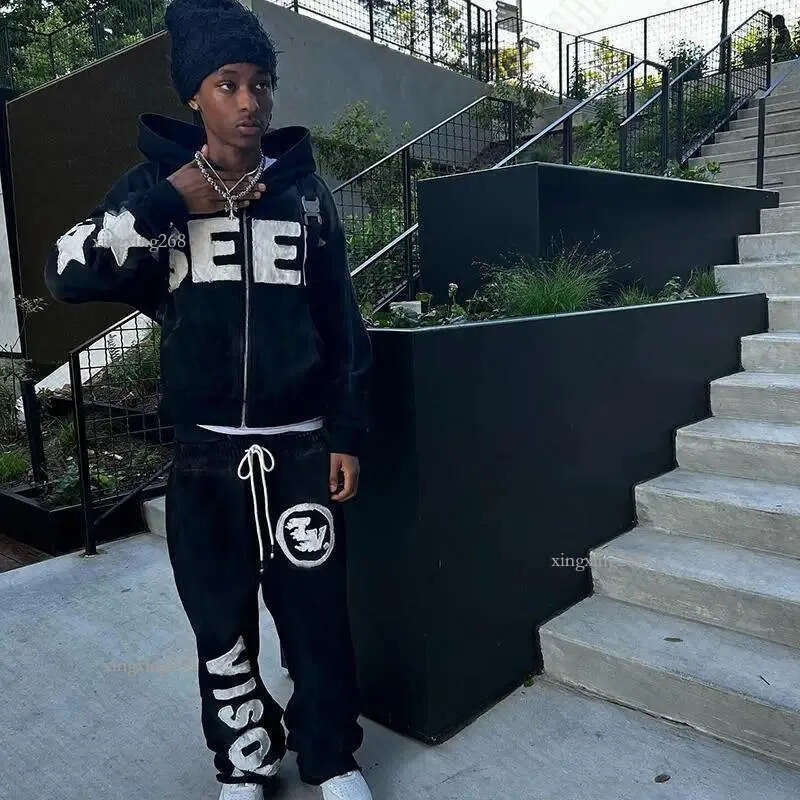 Men's Pants Y2K Hooded Sweatshirt Hip Hop Gothic Letter Patch Designs Streetwear Zip Up Hoodie Vintage Graphic American Retro Trousers