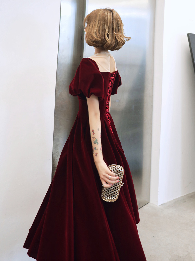 Mesh-satin Patchwork Cheongsam Pearl Puff Sleeve Qipao Bandage Evening Banquet Dresses Perspective Round Collar Sexy Vestidos