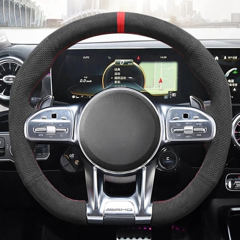 Hand-Stitched Car Accessories Genuine Leather Suede Braid Car Steering Wheel Cover For Mercedes-Benz AMG C43 E53 S63 GLE G63