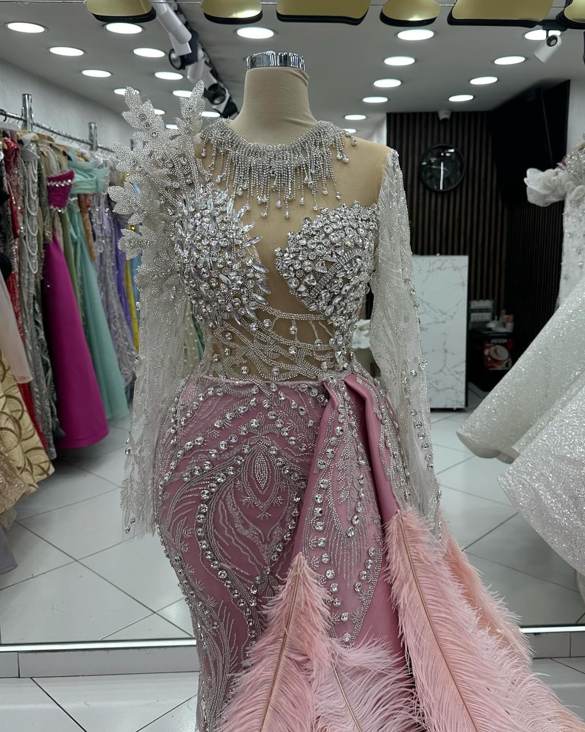 2024 Plus Size Pink Mermaid Prom Dresses For Special Occasions Florals Rhinestones Feather Evening Party Birthday Gowns Dress For Women Vestidos de no