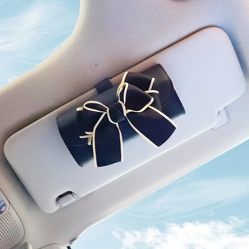 Cute Bowknot Car Glasses Box Universal Leather Sunglasses Case Storage Holder Bag Sunshade Organizer Auto Interior Accessories 240327