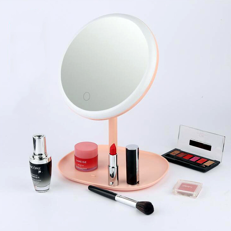 LED Makeup Mirror Touch Tricolor Light 360 ° Rotating Portable Beauty Mirror Removable Makeup Mirror Bottom Storage Box