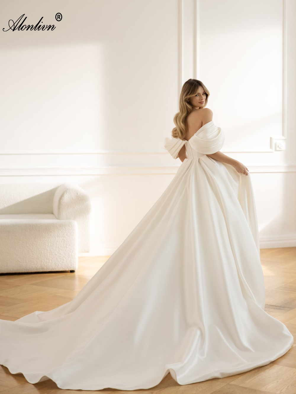 Magnificent Satin Off Shoulder Sleeves Ball Gown Wedding Dress Elegance Floor-length princess Bridal Gowns