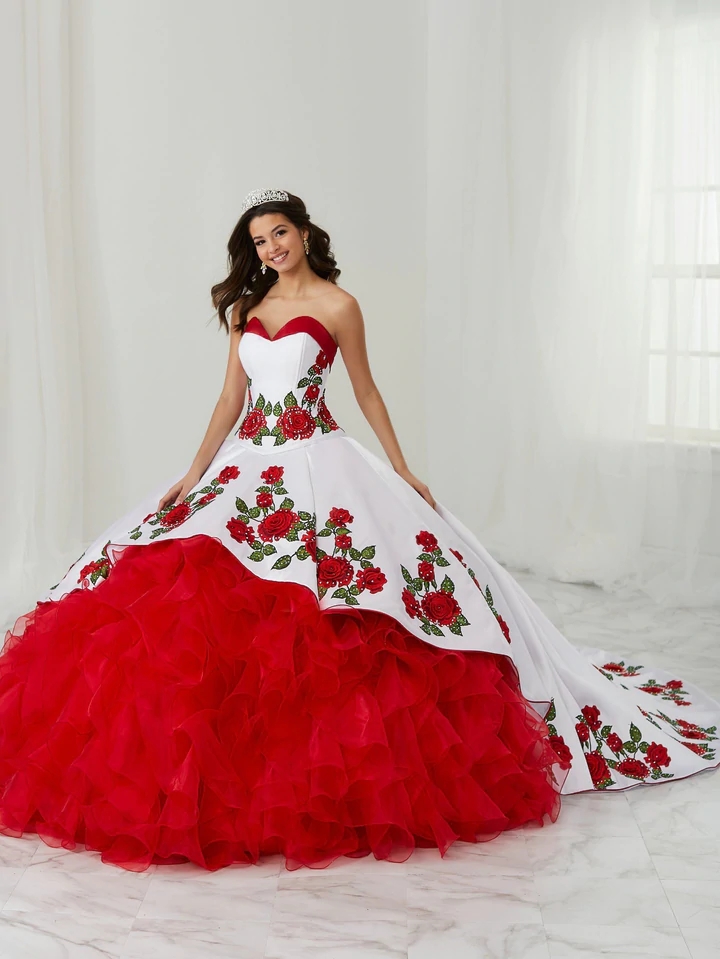 Charro Red Quinceanera Ball Gown Sweetheart Organza Appliques Mexican Sweet Dresses Anos