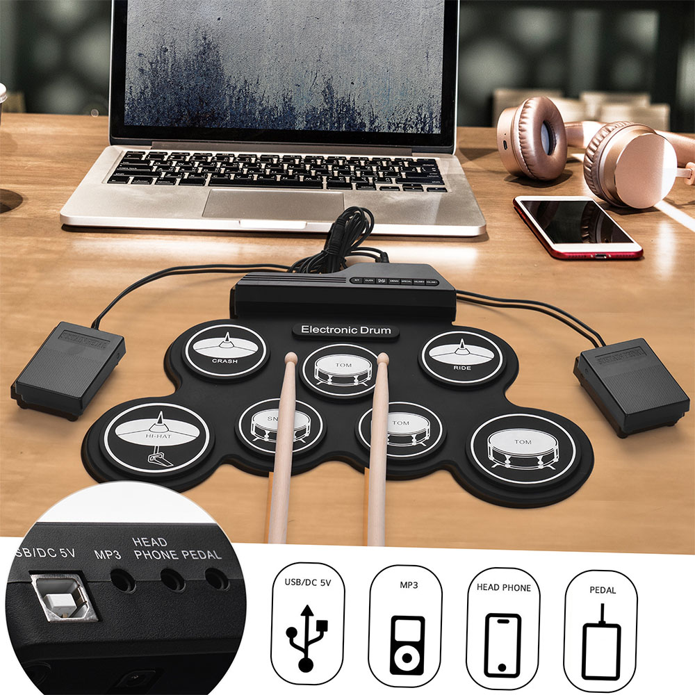 Compact Size USB Folding Drum Set Digital Electronic Drum Kit 7 Drum Pads with Drumsticks Foot Pedals for Beginners Children