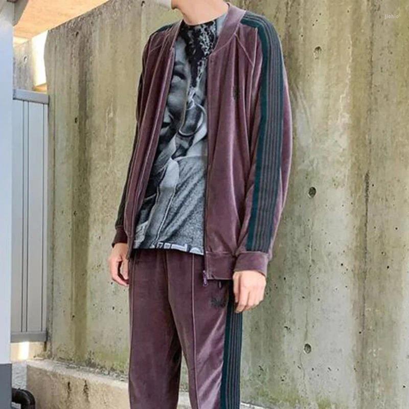 Men's Jackets NEEDLES Cotton Velvet Long Sleeve Track Stripe Webbing Butterfly Embroidery Coat Lapel Collar Zipper Oversize Men Women Jacket