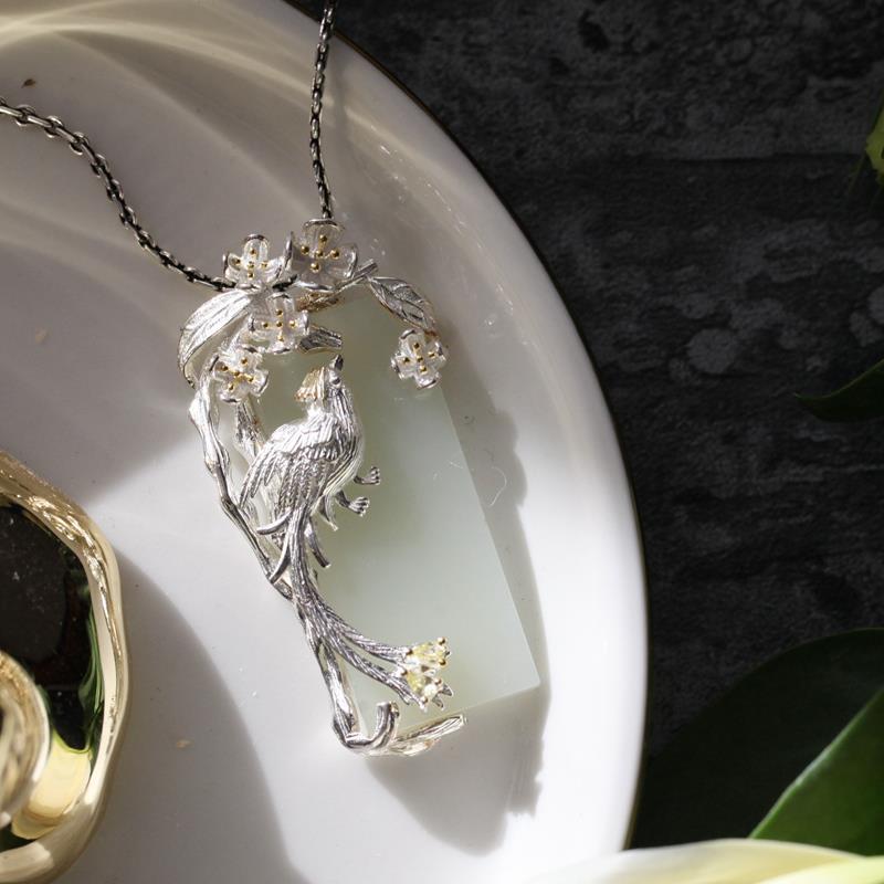 Silver Inlaid Natural Hetian Jade Ethnic Style Clavicle Necklace Phoenix Pendant Exquisite Ladies Wedding Engagement Jewelry
