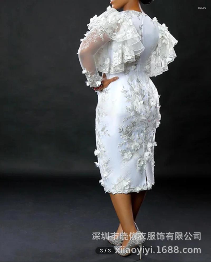 Casual Dresses Woman Clothing 2024 Embroiled Petals Lace Ruffles Long Sleeves Waist And Hip Wrap Loose White Africa Wedding