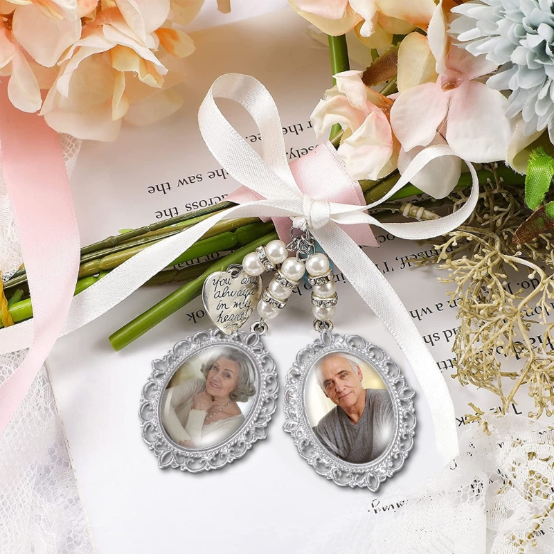 Wedding Bouquet Photo Charm DIY Pin Brooch Making Kit Lacy Frame Charm Oval Bridal Bouquet Angel Memorial Picture Frame Pendant