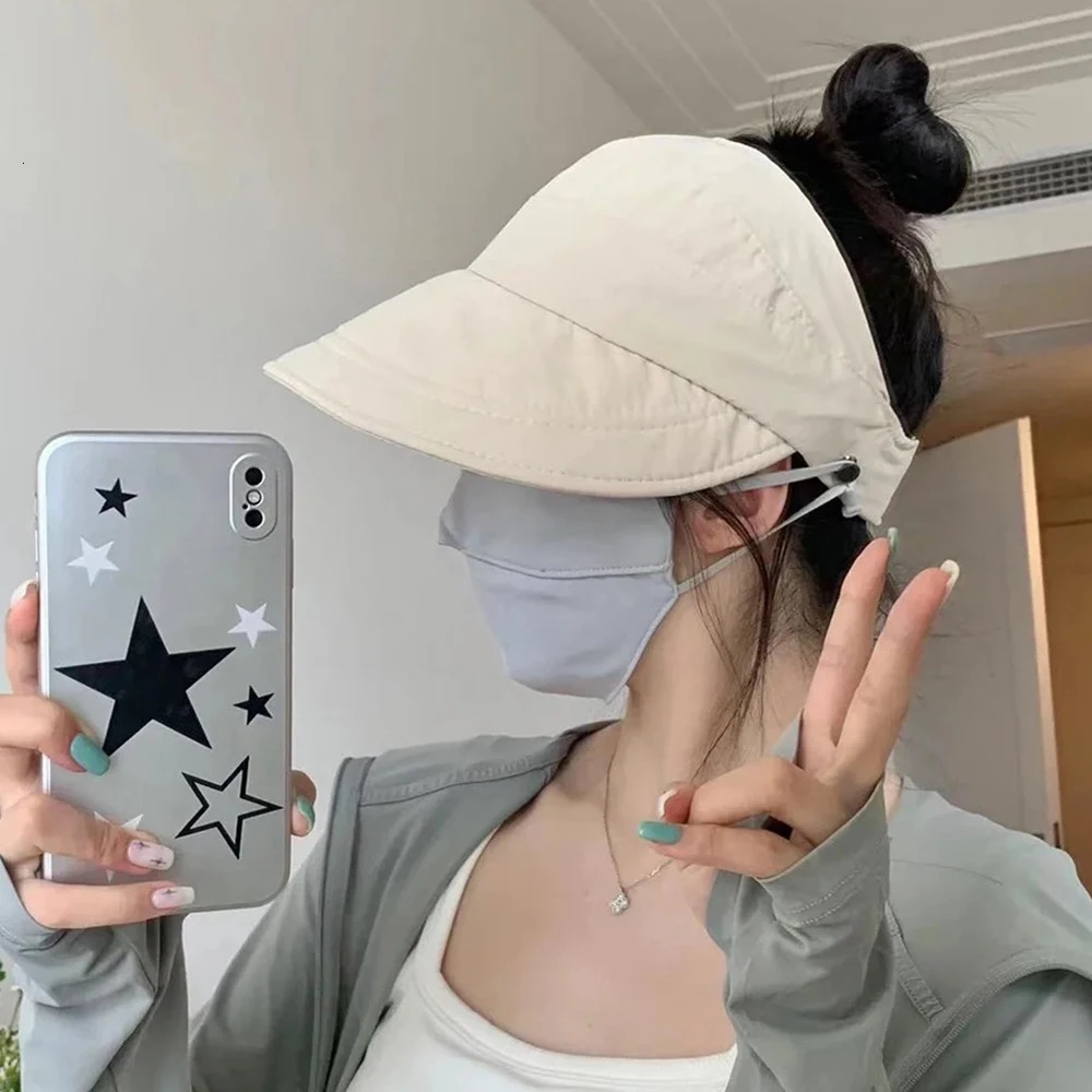 Summer Wide Brim Sunhat Women Sun Hats Foldable Adjustable Outdoor Beach Bucket Hat UV Protection Visors Fisherman tail Caps 240403