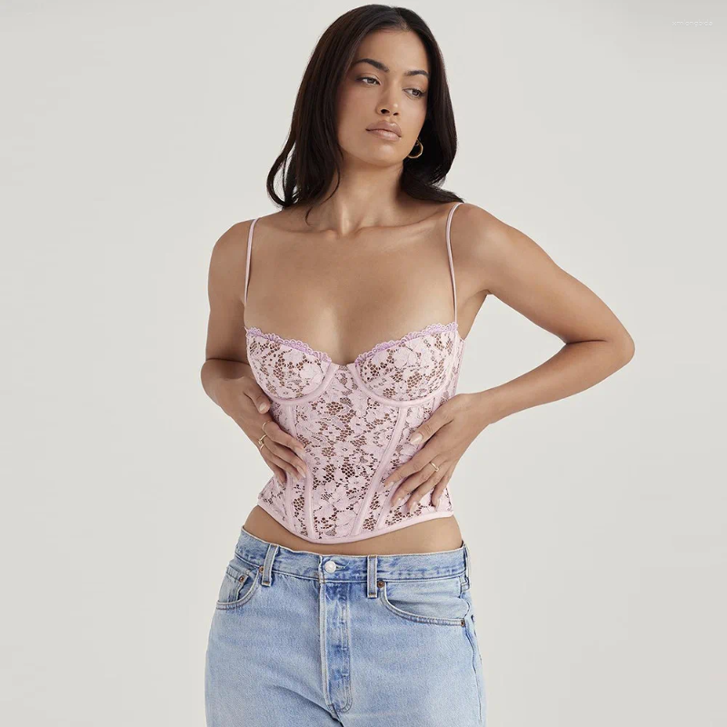 Women's Tanks 2024 High Quality Summer Corset Top Y2k Vintage Lace Women Sexy Padded Camis Pink Bodycon Crop For Party Club