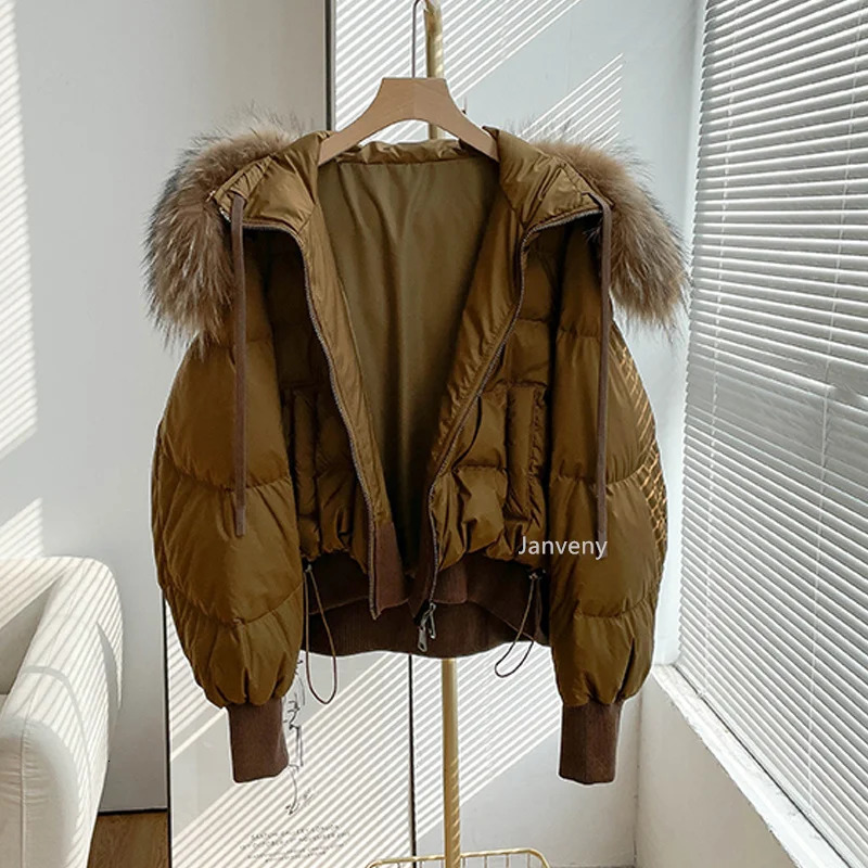 Janveny Short Puffer Coat Loose White Duck Down Jacket Womens Natural Raccoon Fur Thick Warm Womens Park Jacket 241108