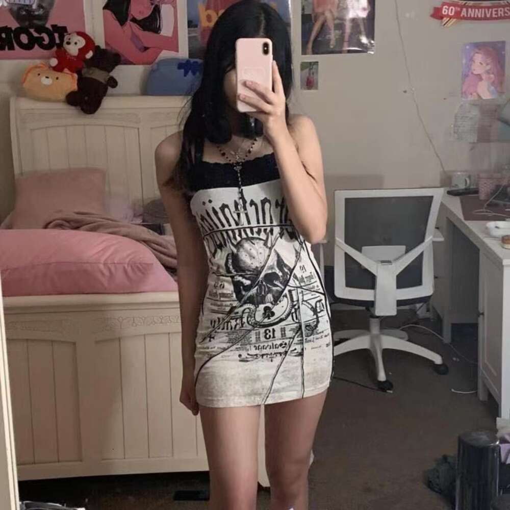 Subcultural Punk Spicy Sisters Shibuya Gothic Dark Skull Splice Slim Fit Dress with Strap Wrap Short Skirt F41042