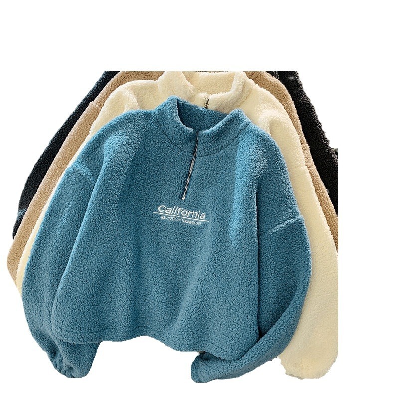 Designer's semi high neck with thick lamb wool furry short hoodie, women's Korean version, student autumn and winter warm jacket