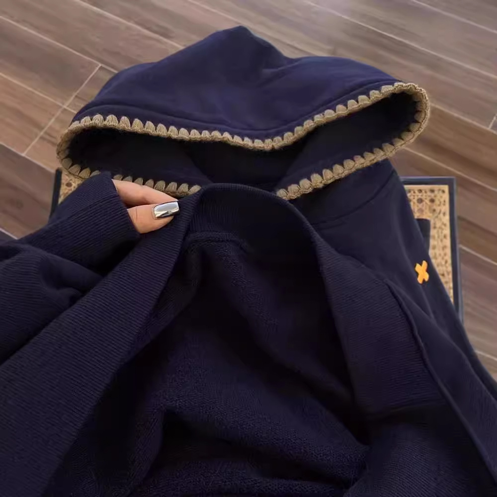 Designer China-Chic Embroidery American Hooded Sweater Women's Autumn 2024 New Loose Lazy Style Oversize Coat