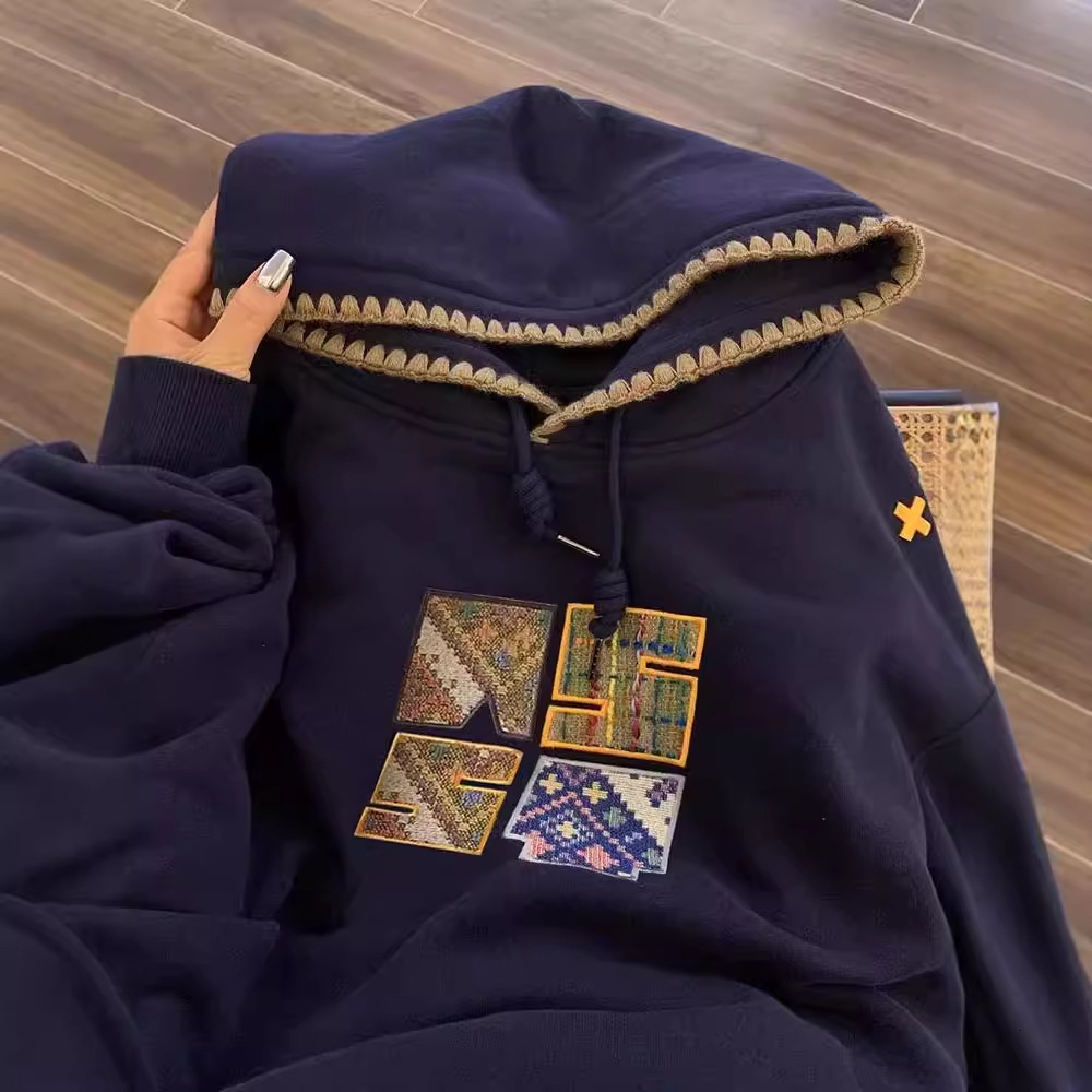 Designer China-Chic Embroidery American Hooded Sweater Women's Autumn 2024 New Loose Lazy Style Oversize Coat