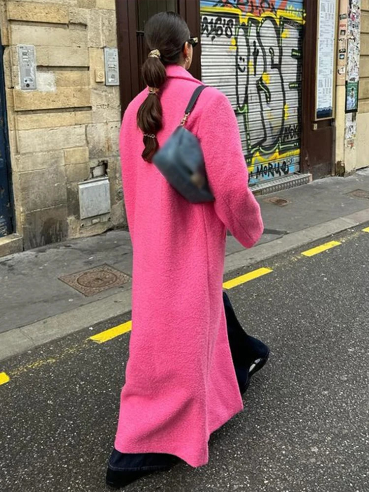 Elegant single corset womens casual lapel long sleeved loose pink coat autumn winter office womens coat 241108