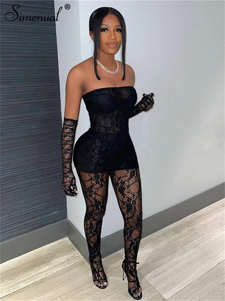 Simenual Trim Sheer Lace Women 3 Piece Sets Solid Strapless Tupe Top Skinny Pantyhose Pants Baddie Club Outfit Lingerie Suit 240410