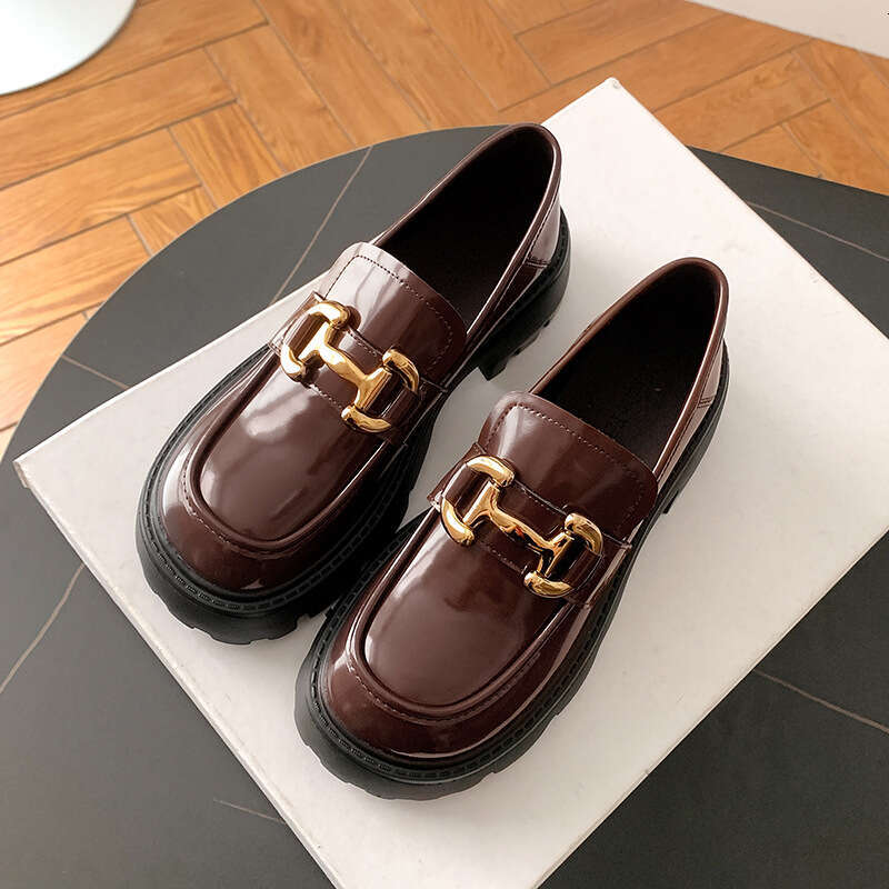 Xingguang Fang Lefu Women's New British Style Metal Buckle Single Thick Sole Genuine Lazy Two Wear Casual Small Leather Shoes