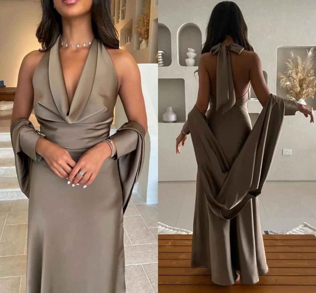 Sexy Gray Evening Dress 2024 V-neck Ruffle Ribbon Bow Backless Satin Women Prom Formal Gowns Custom Made Robe De Soiree