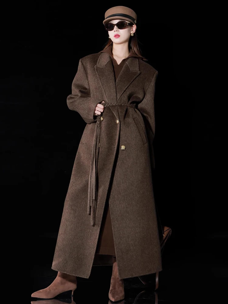 Elegant double breasted wool coat womens long autumn and winter jacket 241108