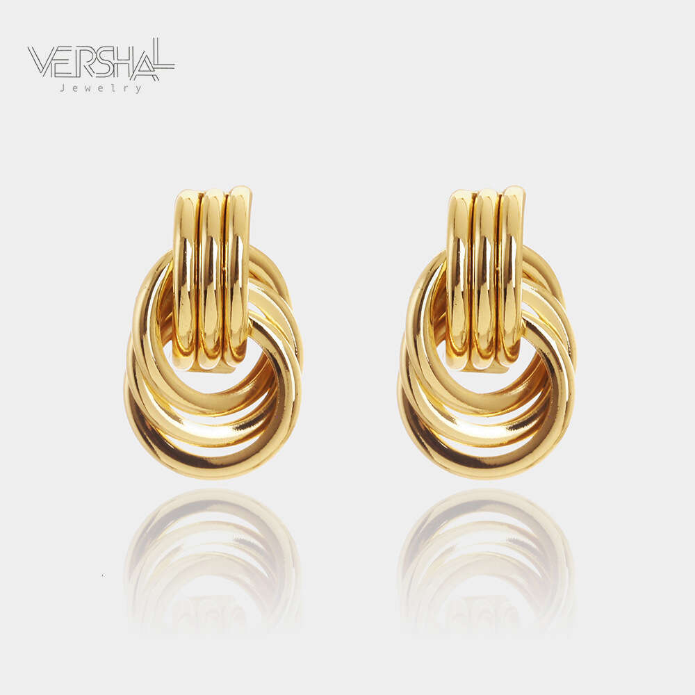 New style heavy women's earrings, real gold electroplated rope knot multi-layer geometric hanging earrings