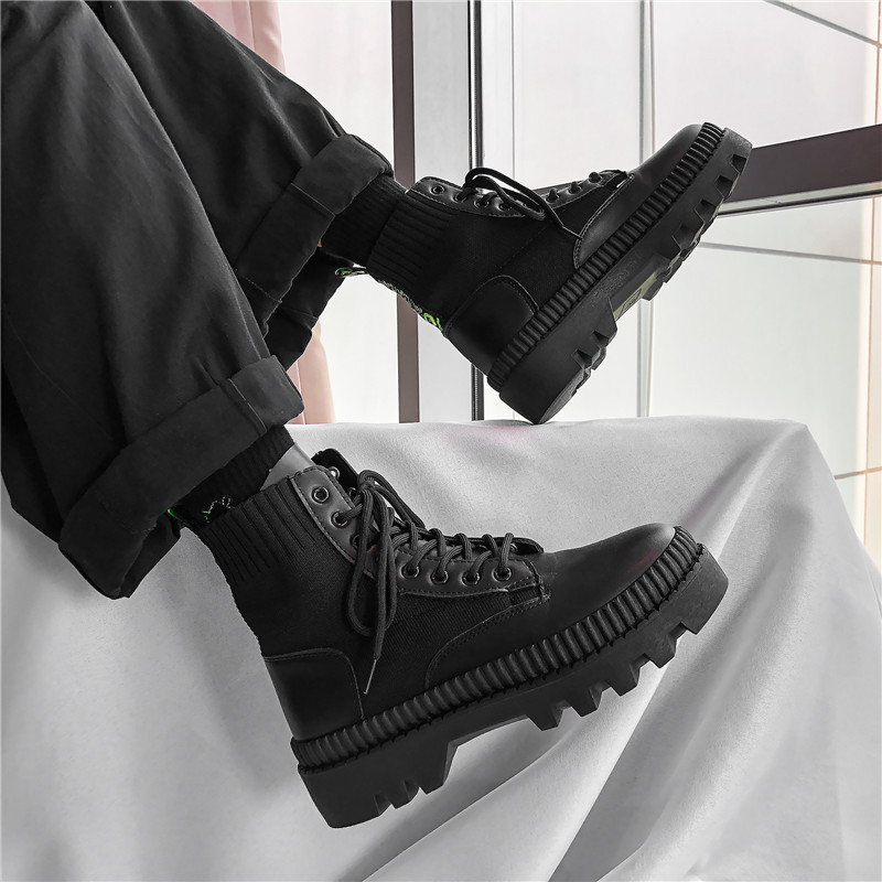 2021 Ankle Autumn Winter Elastic High Top Male Punk Style Shoe Men Lace-up Casual Botas Motorcycle Unisex Boots e6fb
