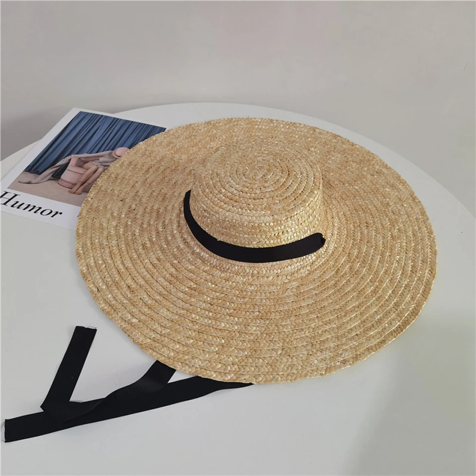 Women Raffia Wide Brim Boater Hat 15cm 18cm Straw Flat Summer With White Black Ribbon Tie Sun Beach Cap 240410