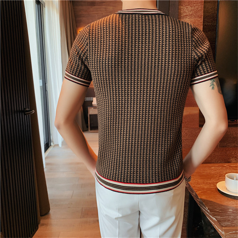 British Style Thousand Bird Check Men T-shirt New Embroidery Slim Knitted T Shirt Men new O-Neck Homme 2025 Social Club Outfits Top Tees