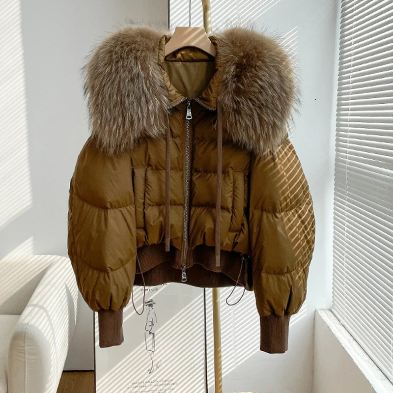 Janveny Short Puffer Coat Loose White Duck Down Jacket Womens Natural Raccoon Fur Thick Warm Womens Park Jacket 241108