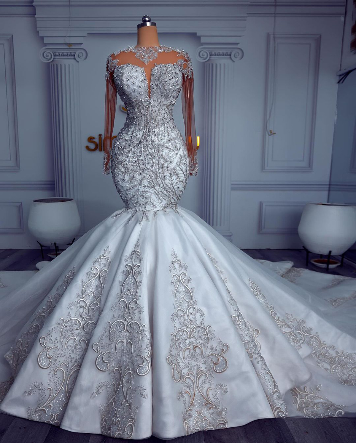 Crystal Wedding Dresses Mermaid Bridal Gowns Sequins Rhie Custom Made Appliques Long Sleeve Slim Sweep Train Vestidos De Novia