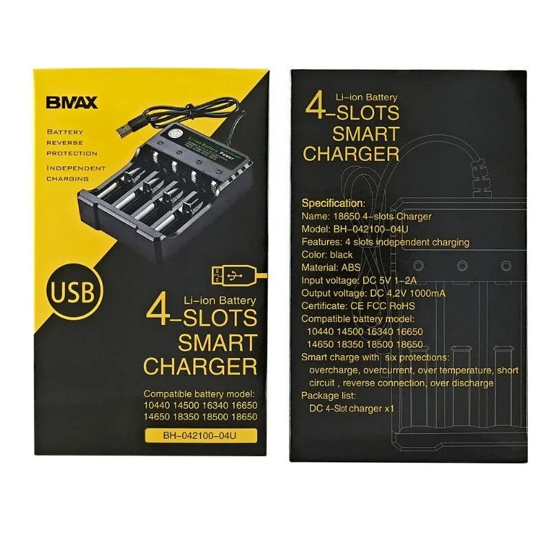 Original Bmax Battery Charger 2 3 4 Slots Lithium USB Smart Charger for IMR 18350 18500 18650 26650 21700 Universal Li-ion Rechargeable Batteries Char