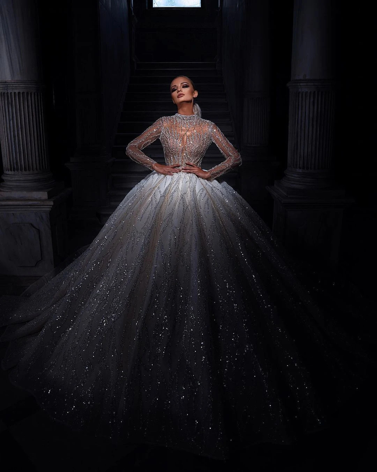 Sparkly Ball Wedding Dress High Collar Long Sleeves Bridal Gown Appliques Sequins Sweep Train Dresses Custom Made Vestidos De Novia 0505