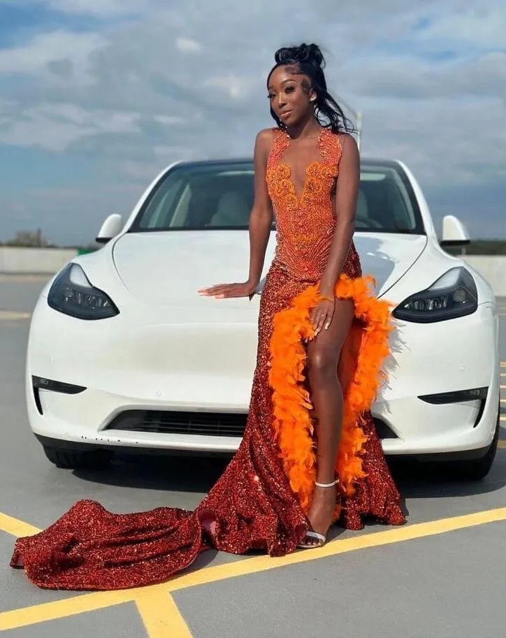 Orange Sparkly Long Evening Birthday Dresses for Black Girl 2024 Gillter Diamond Feather Veet Prom Gown vestidos de gala