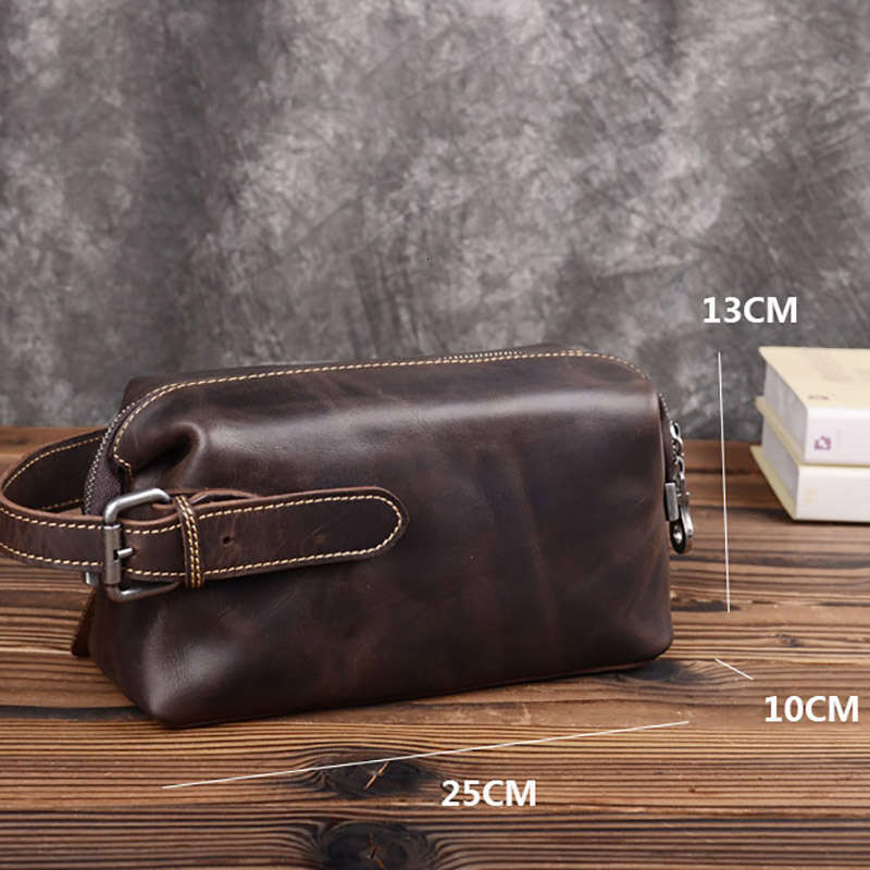 vintage handmade crazy horse mens leather largecapacity clutch multifunction storage bag