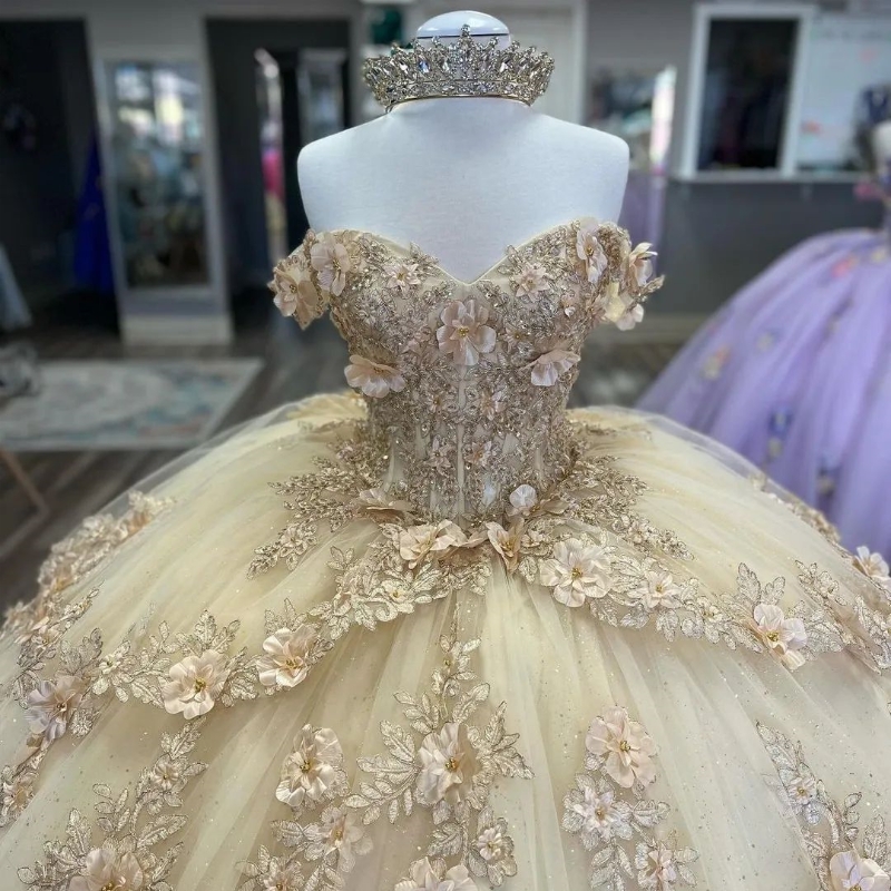 Light Champagne Off The Shoulder 3D Flowers 15 Dress Quinceanera 2025 Ball Gown Quince Dresses Princess Formal Occasion Gown