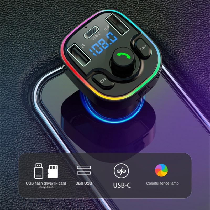 Car Bluetooth 5.0 Transmitter Handsfree Audio Mp3 Player Adapter USB 22.5W Quick Charging Type-C Fast Charger FM Modulator smile