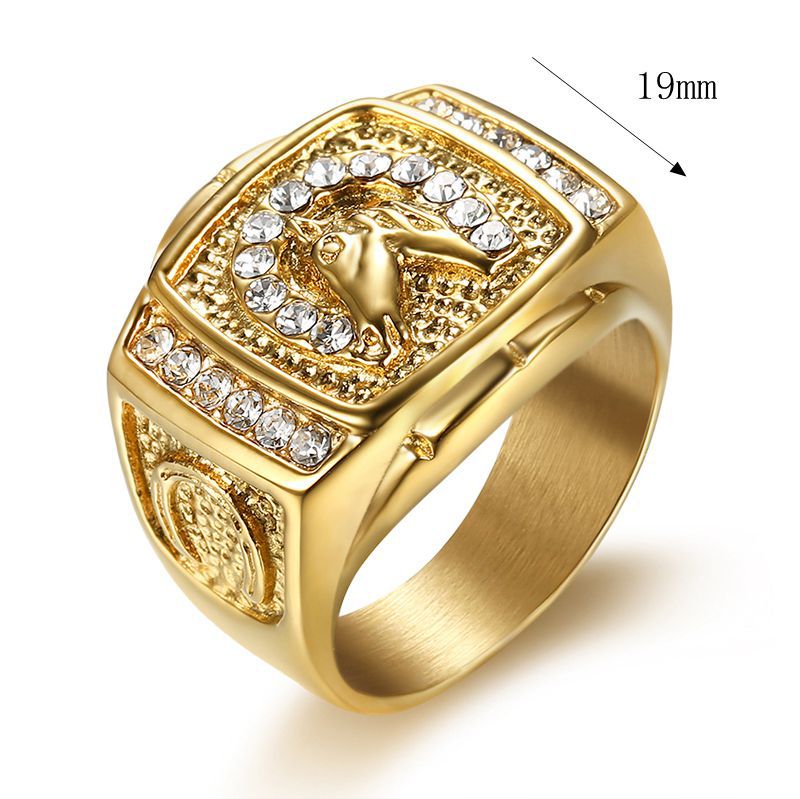 Hip Hop Stainless Steel Horse Head Casting Ring Gold Plated Gold Silver Color with Zircon