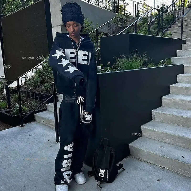 Men's Pants Y2K Hooded Sweatshirt Hip Hop Gothic Letter Patch Designs Streetwear Zip Up Hoodie Vintage Graphic American Retro Trousers