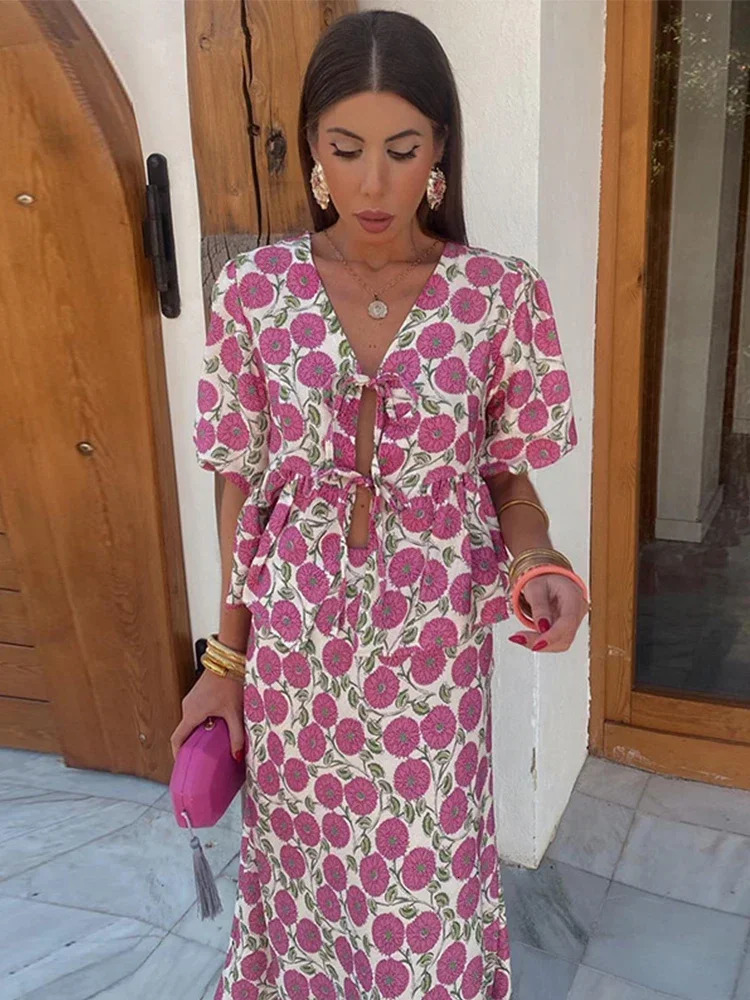 Summer Print Long Skirt Sets For Women 2024 Chic Lace Up V Neck Short Sleeve Shirts High Waist Skirts Lady Beach 2 Pieces 240401