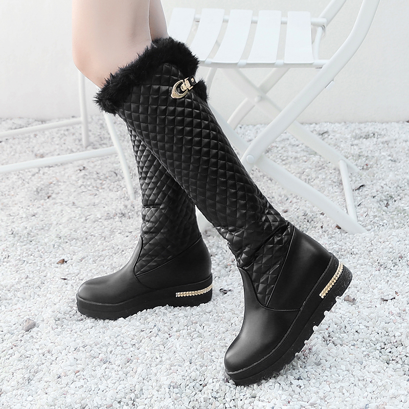 Winter Brand Warm Snow Boots Women Waterproof Leather Fur Plush Wedges Knee High Boot Black White Ladies Shoes Comfortable fb7f