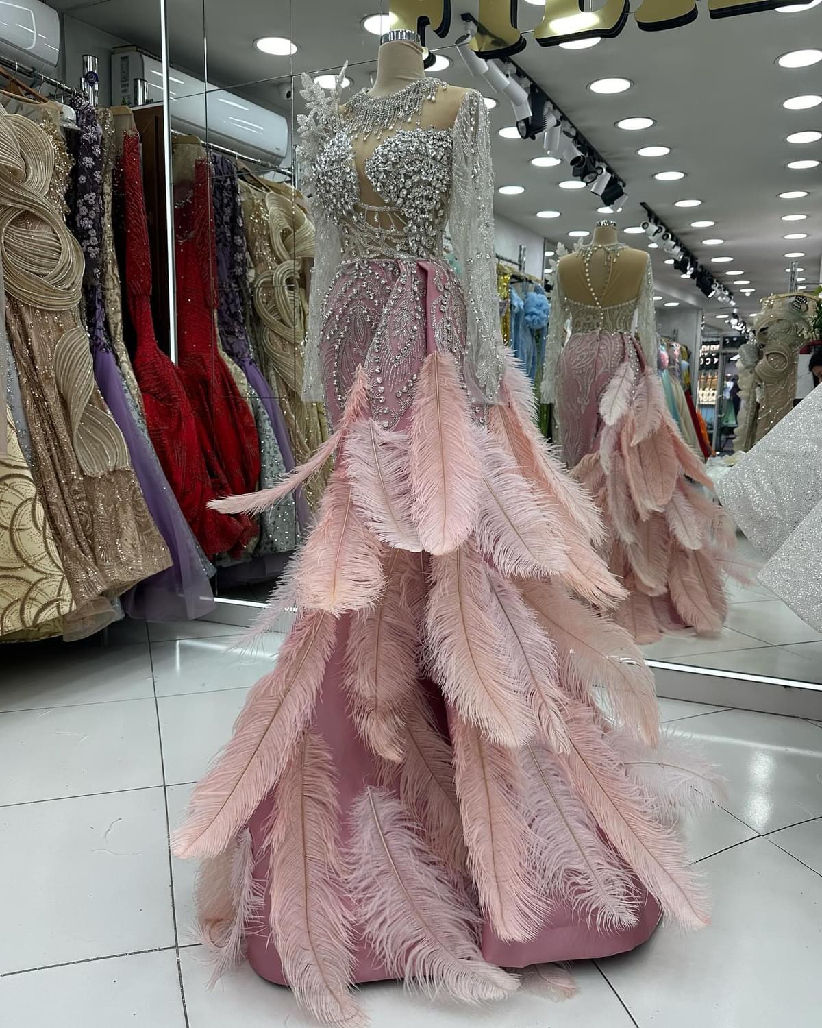 2024 Plus Size Pink Mermaid Prom Dresses For Special Occasions Florals Rhinestones Feather Evening Party Birthday Gowns Dress For Women Vestidos de no