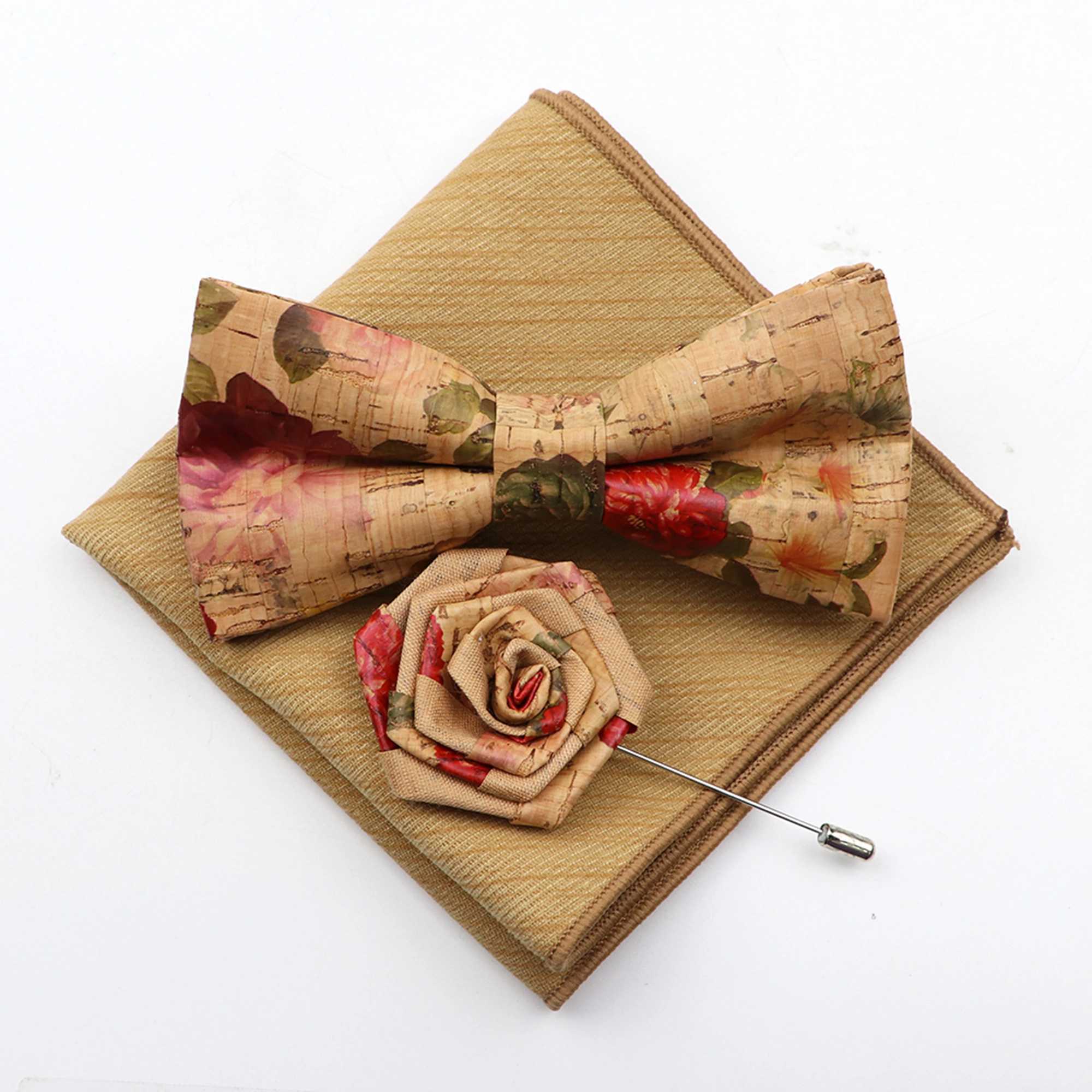 New Cork Wood Bow Tie Set Mens Novelty Handmade Floral Solid Color Bowtie Brooch For Groom Wedding Party Retro Suit AccessoriesX241109