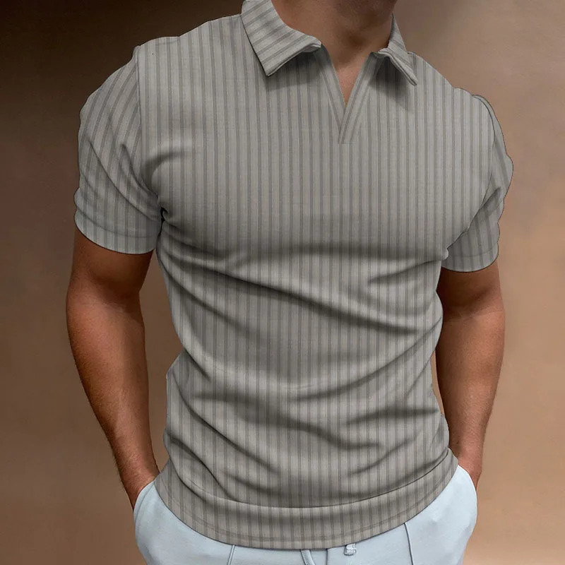 Europe And The United States Summer POLO Shirt Solid Color Casual Short Sleeve Lapel V Line Striped Mens Tshi 240328