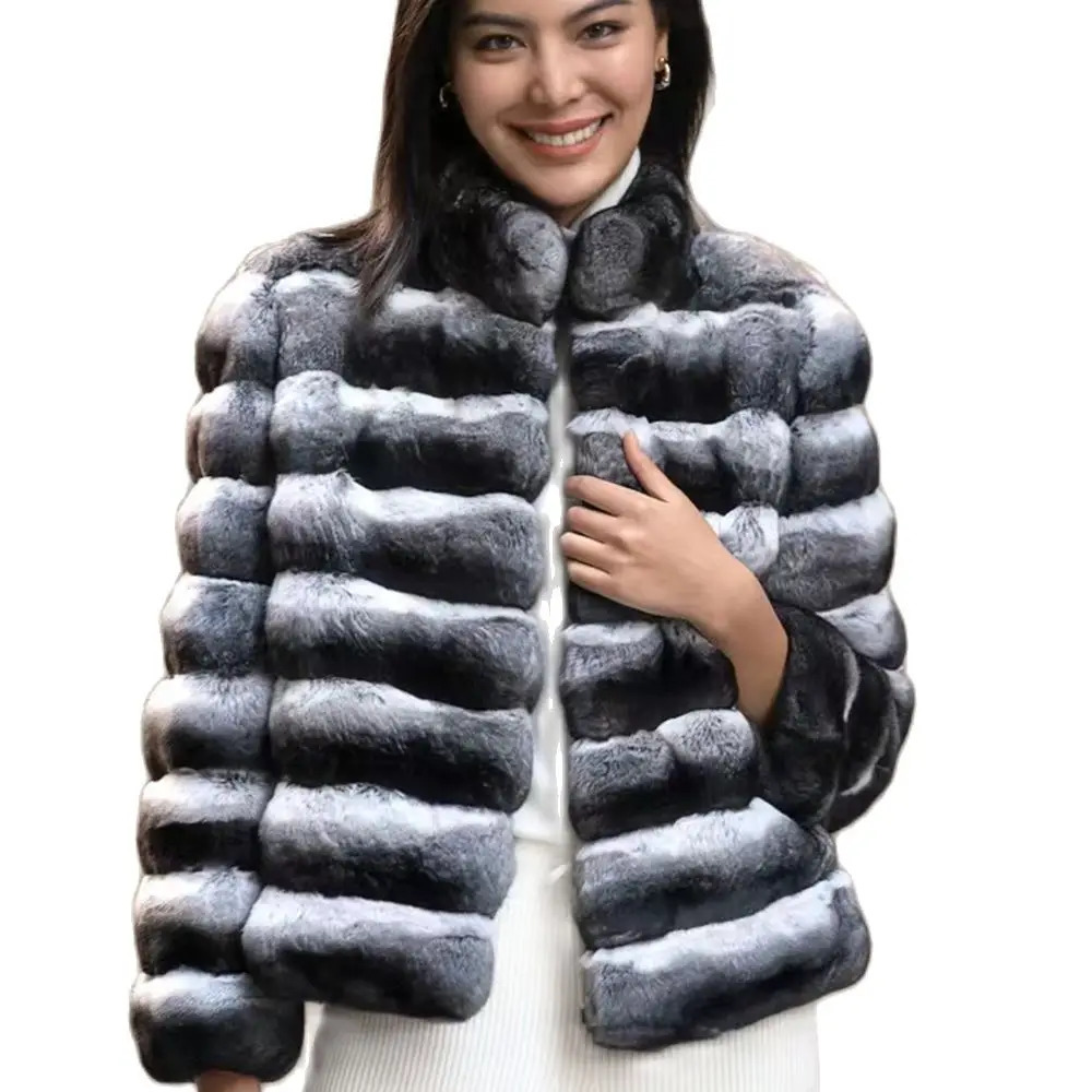 Womens Chinchilla Striped Jacket Rex Rabbit Fur One Piece Fur Coat Length 60cm 241108