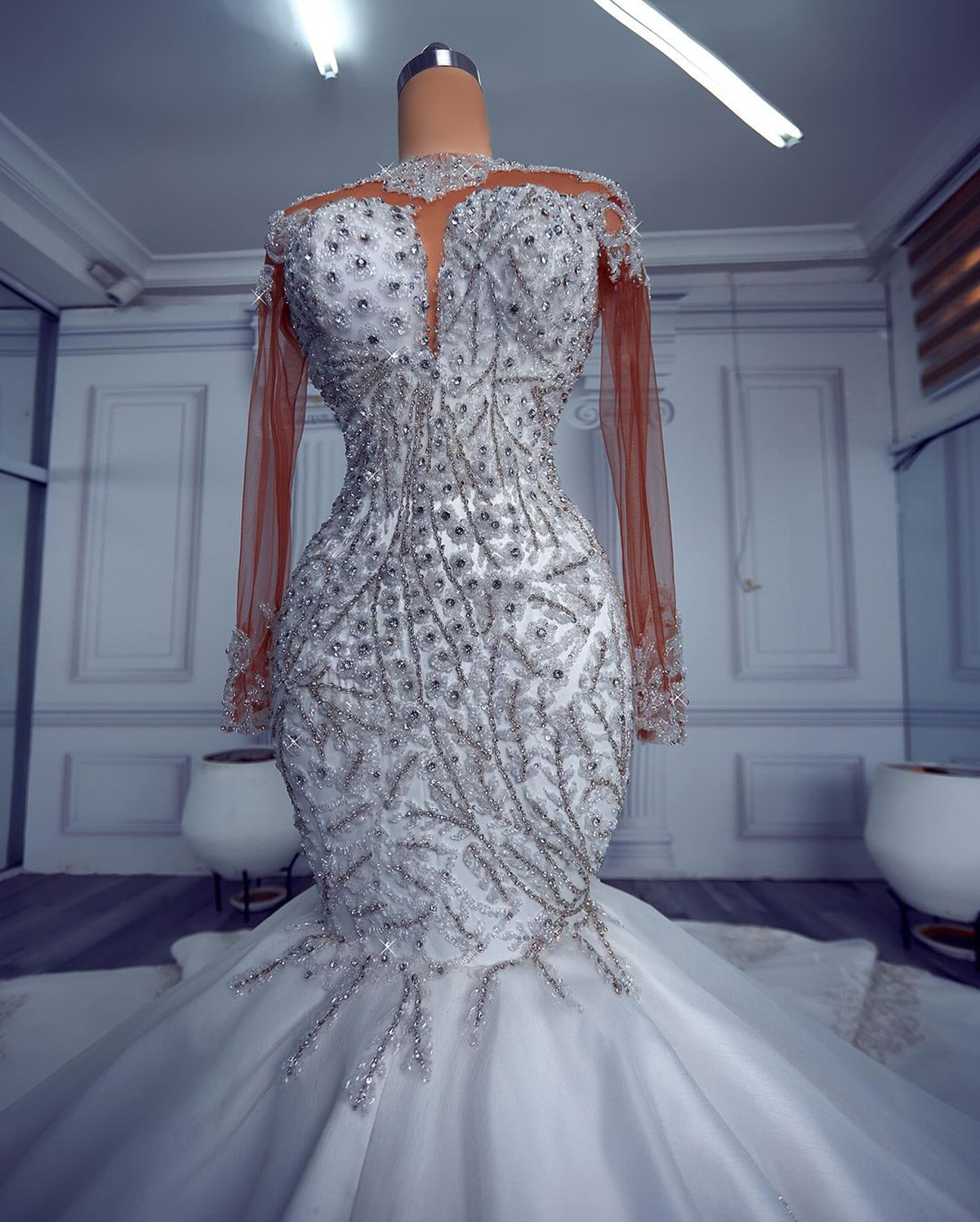 Crystal Wedding Dresses Mermaid Bridal Gowns Sequins Rhie Custom Made Appliques Long Sleeve Slim Sweep Train Vestidos De Novia