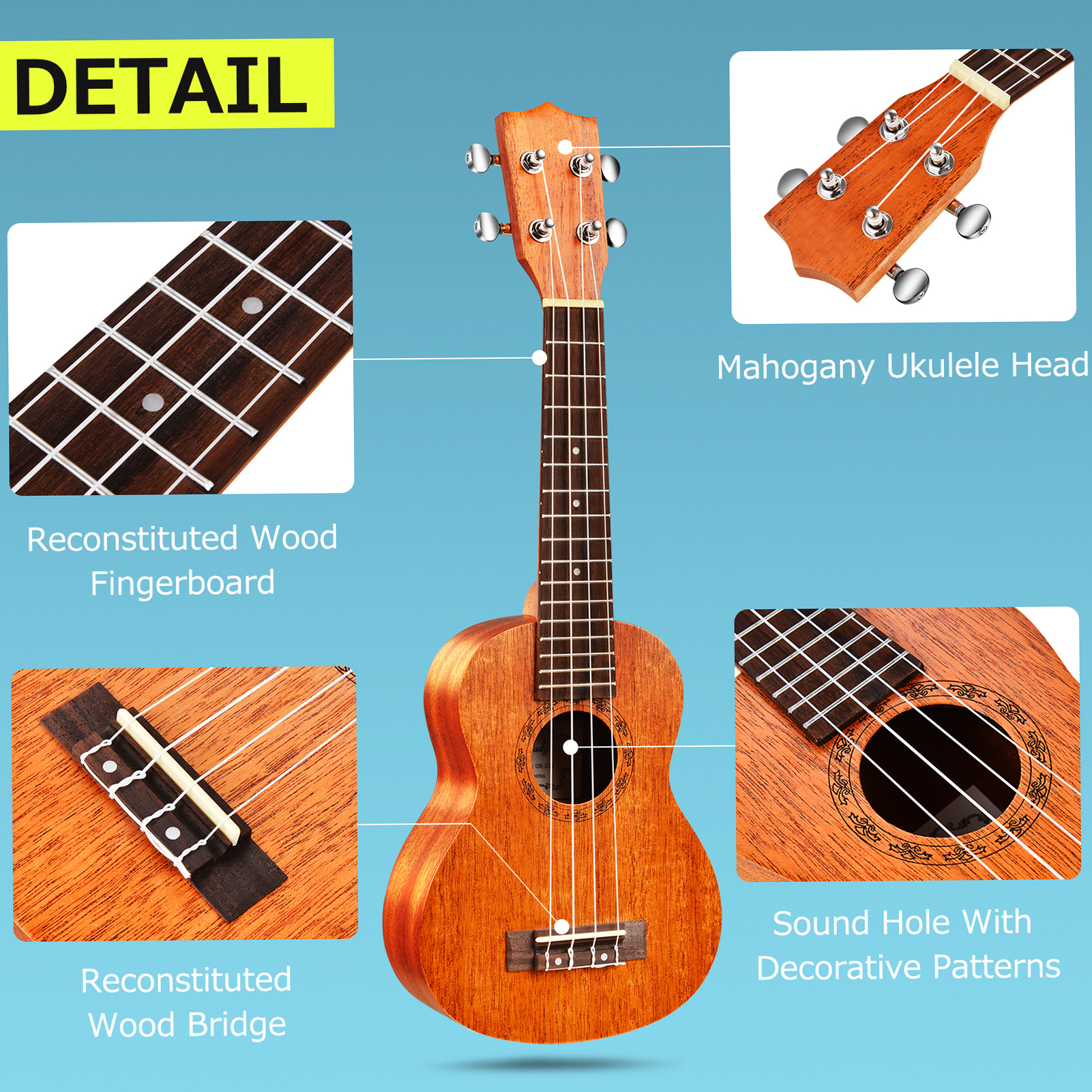Soprano Ukulele Ukelele Mahogany Wood with Carry 2025 Bag Uke Strap Strings new Tuner Pick Holder Celluloid Picks HOT