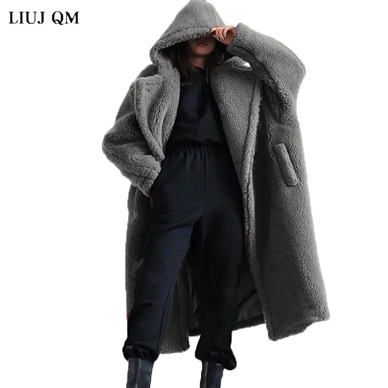 Teddy bear coat womens winter clothing black belt wool coat hooded long park womens warm coat fur coat 241107