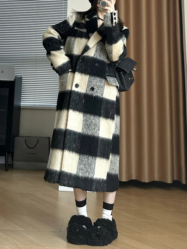 EAM plain weave thin shoulder strap long wool coat loose fit collar long sleeved womens jacket fashionable trend winter 30A2342 241108